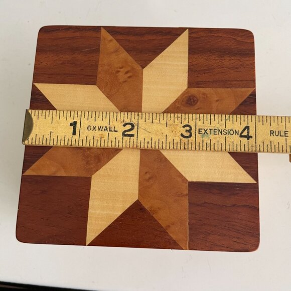 Wooden Jewelry Box Inlay Star Design Hinged Lid Keepsake Quilt Marquetry Vintage - Picture 9 of 9